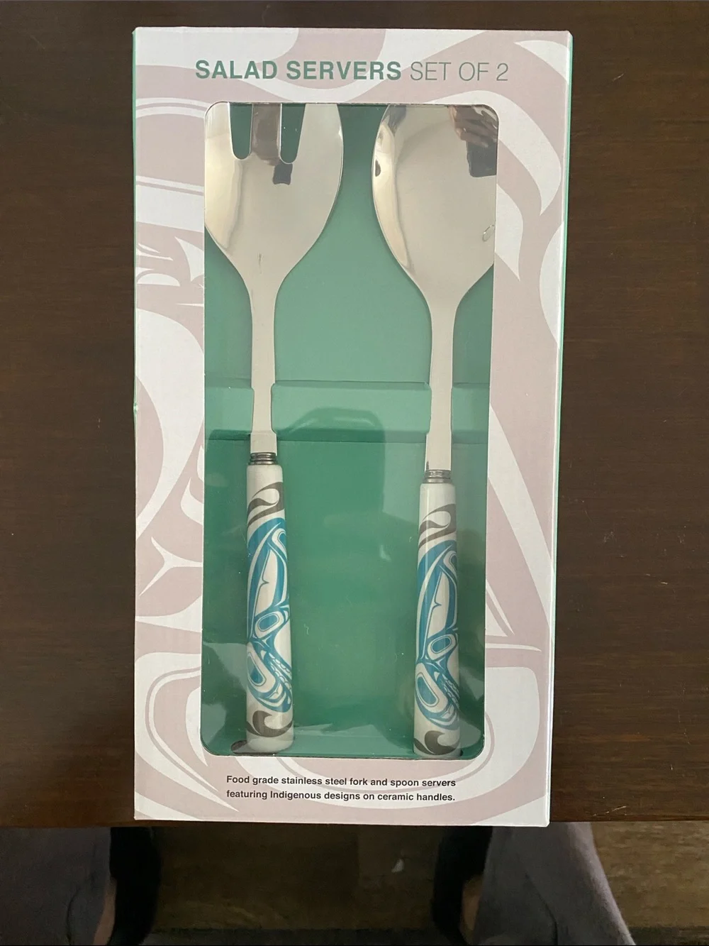 Serving Spoon and Fork Set with Blue Swirl Handles - Home Dining